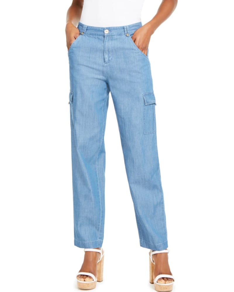 Front of a model wearing a size 18W Michael Kors Women's Cargo Pants Indigo 18W in Blue by Michael Kors. | dia_product_style_image_id:311393